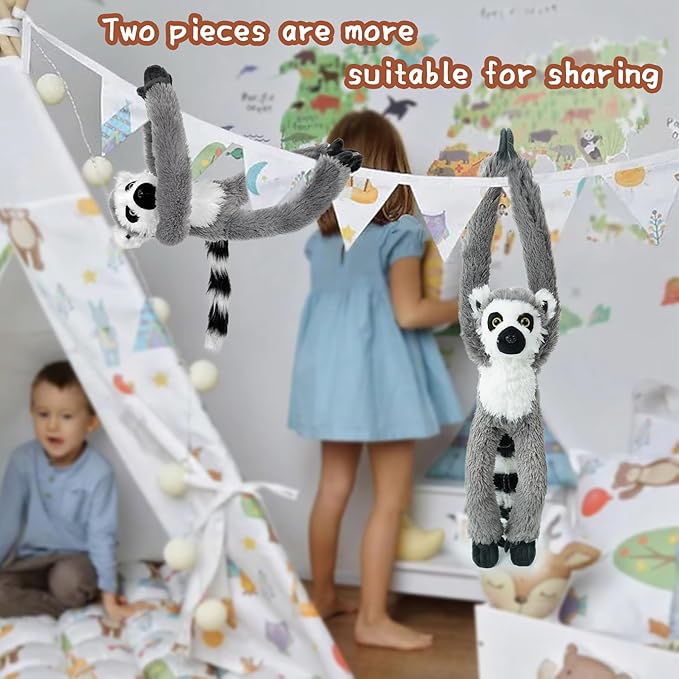 2 Pcs 50CM realistic hanging plush animal-filled lemur toys with hands and feet Parent-child knot , Lemur soft long plush jungle party decoration curtain storage toys Stuffed Animals for Kids 4-8