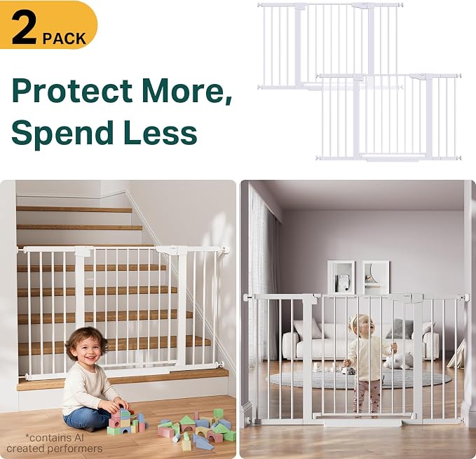 Cumbor Pack of 2 Extra Wide Baby Gate for Stairs, 29.7–51.5" Pressure Mounted Dog Gate for Doorways, Auto Close Safety Pet Gate, Easy Walk Thru Wide Child Gate, White, Mom's Choice Award Winner