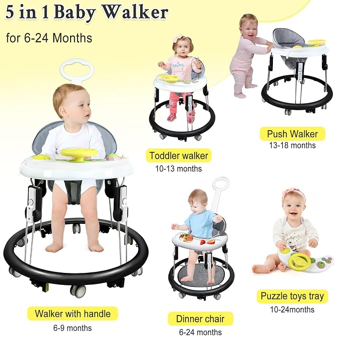 Foldable Baby Walker for Boys Girls, 5-in-1 Toddler Activity Walkers | Adjustable Height, Music Tray, Detachable Seat, Mute Wheels, Anti-Rollover, Knee Pads Socks Foot Pad, Portable, 8-24 Months
