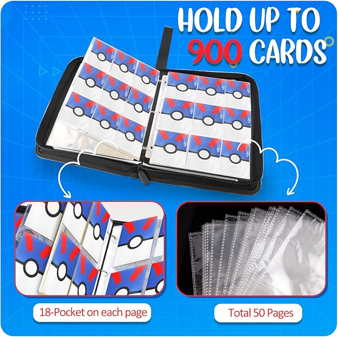 900 - Pockets Trading Card Binder with Removable 50 Sleeves, Card Collector Album with Zipper, Portable Card Holder Book Fits Sports Card, Game Card - Blue