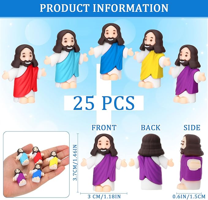 Barydat 25 Pcs Little Jesus Figures Baby Mini Jesus Figurines Bulk to Hide and Seek Tiny Miniature Christ Savior Figurine Toy Religious Gift for Easter Egg Stuffer Sunday School Baptism, Multicolor