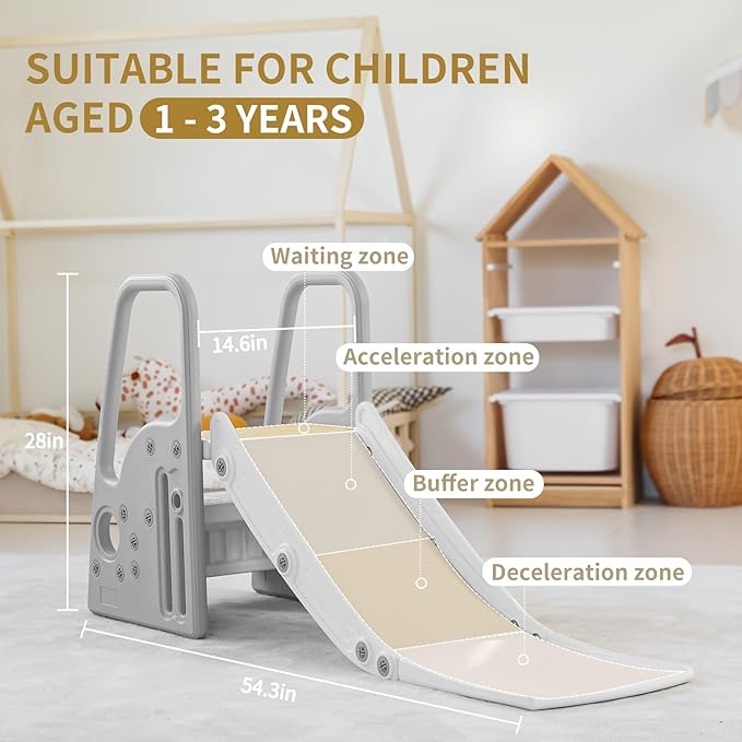 3 in 1 Toddler Large Play Climber Slide PlaySet with Extra Long Slipping Slope Indoor Kids Slide Toddler Playground Toddler Slide Outdoor Toys for Toddlers (Gray)