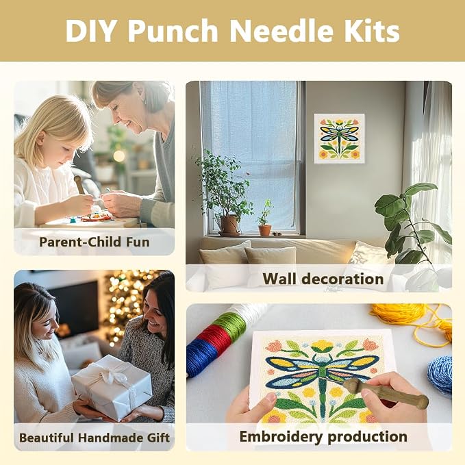 DOODLREAM Floral Dragonfly DIY Punch Needle Embroidery Kit for Adult Beginner, 9.4" Folk Art Flower Insect Punch Stitching Craft Set for Starter with Frame,Fabric Pattern,Threader, Yarn, Pinch Needle