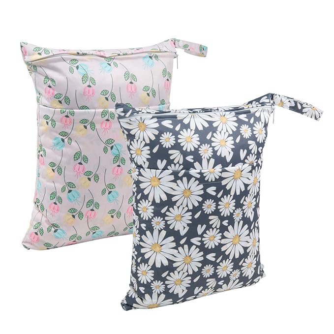 ALVA ALVABABY 2pcs Cloth Diaper Wet Dry Bags Waterproof Reusable with Two Zippered Pockets Travel Beach Pool Daycare Soiled Baby Items Yoga Gym Bag for Swimsuits or Wet Clothes L0821
