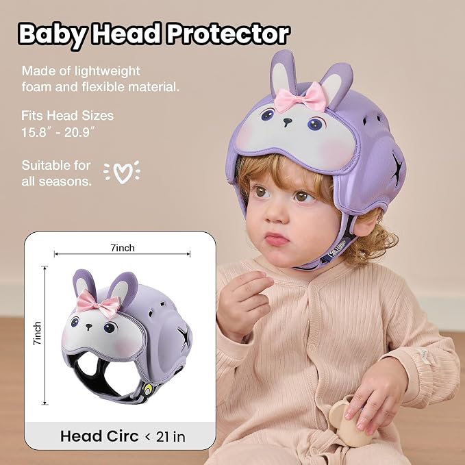 Baby Head Protector Baby Helmet for Crawling and Walking - No Bumps and Soft Safety Peak - Ultra Light and Adjustable Baby Head Protector Suitable for Babies 6-24 Months-Violet Bunny