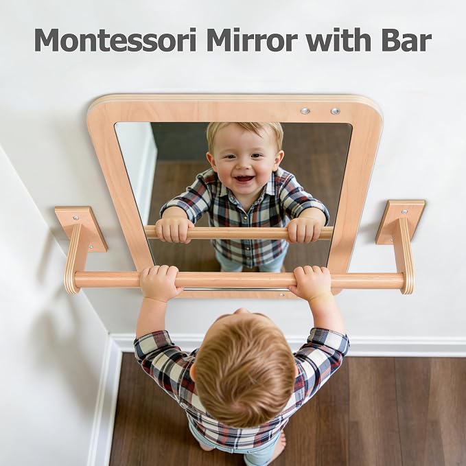 Montessori Baby 2-in-1 Shatterproof Safety Mirror with Pull-Up Bar - Infant Wall Mount & Floor Play for Tummy Time (6 Months+)