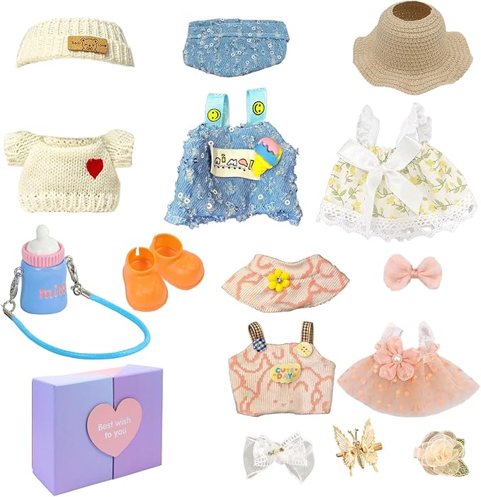 5 Outfits for 17cm Dolls (No Doll) – Stylish Mini Doll Clothes Set with Shoes, Hats, Bags & Bows – Cute Dress-Up Fashion Gift for Girls (B1, 5)