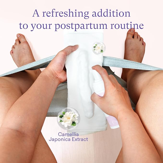 PurComfy 18 Pcs Postpartum Essentials Recovery Kit, Includes 5 Disposable Underwear, 24 Perineal Pad Liners, Perineal Care Foam, 5 Instant Ice Pads, Peri Bottle and 5 Postpartum Pads