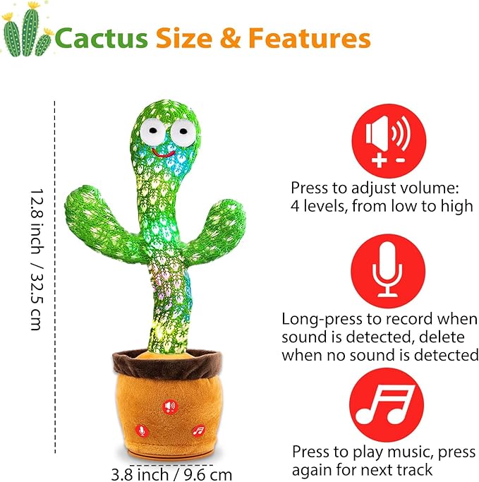 Rechargeable Dancing Talking Cactus Plush Toy for Kids - Volume Adjustable Mimicking and Singing Cactus with Music & Light - Funny Birthday Gifts for Years Old Boy Girl