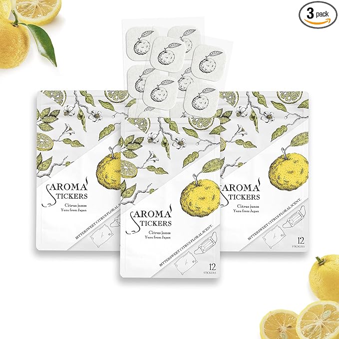 AROMA STICKERS® (Yuzu, Pack of 3) - 100% Natural Essential Oil Scented Mask Stickers for Face Mask & Pillow (12 Stickers/pc) -Pure Essential Oil Scented Mask Patch/Personal Aroma/Relaxing