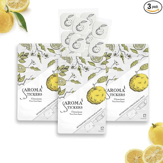 AROMA STICKERS® (Yuzu, Pack of 3) - 100% Natural Essential Oil Scented Mask Stickers for Face Mask & Pillow (12 Stickers/pc) -Pure Essential Oil Scented Mask Patch/Personal Aroma/Relaxing