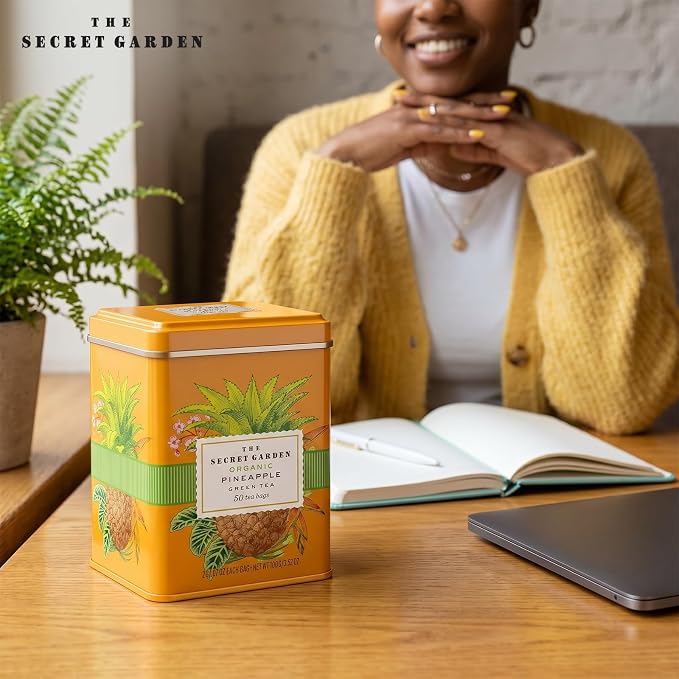 Life Plus Style Gourmet The Secret Garden Organic Pineapple Green Tea Premium Naturally Caffeinated Tropical Fruit Daily USDA Certified Green Tea Non GMO Herbal 50 Tea Bags Gift Tin Enjoy Hot or Iced