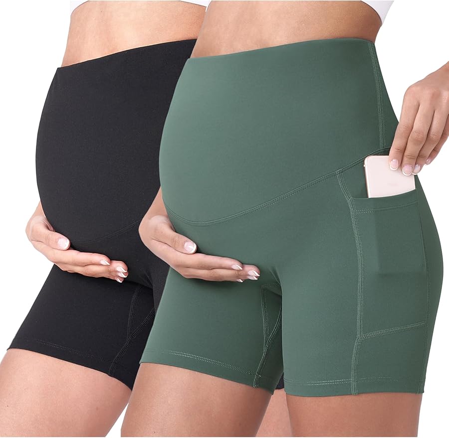 POSHDIVAH Women's Maternity Yoga Shorts Over The Belly Bump Summer Workout Running Active Short Pants with Pockets 5"/8"
