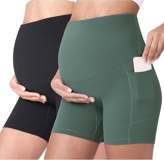 POSHDIVAH Women's Maternity Yoga Shorts Over The Belly Bump Summer Workout Running Active Short Pants with Pockets 5"/8"