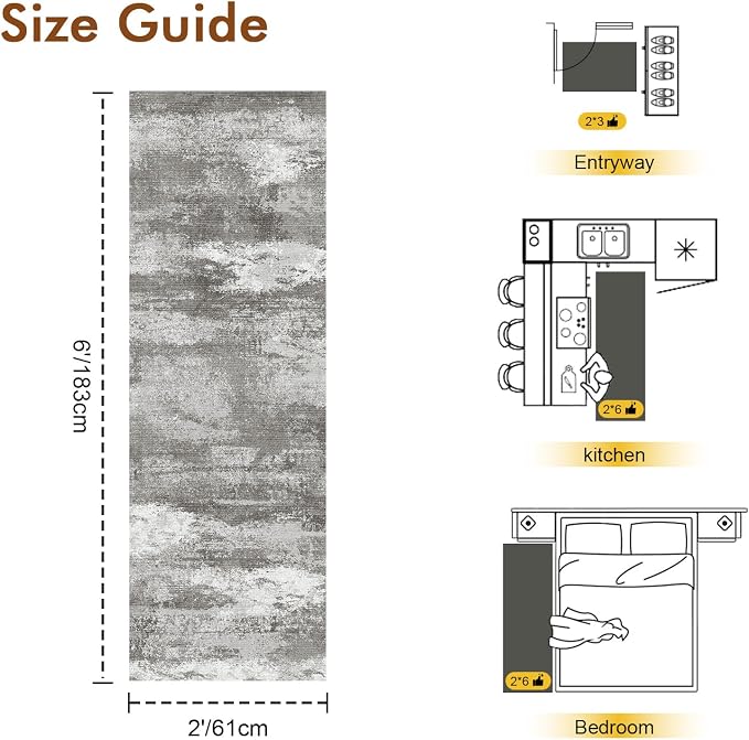 2x6 Ft Washable Runner Rug, Non-Slip Low Pile Hallway Kitchen Area Rug, Soft Abstract Long Entryway Floor Mat Print Pattern Carpet for Bedside & High-Traffic Areas (Grey)