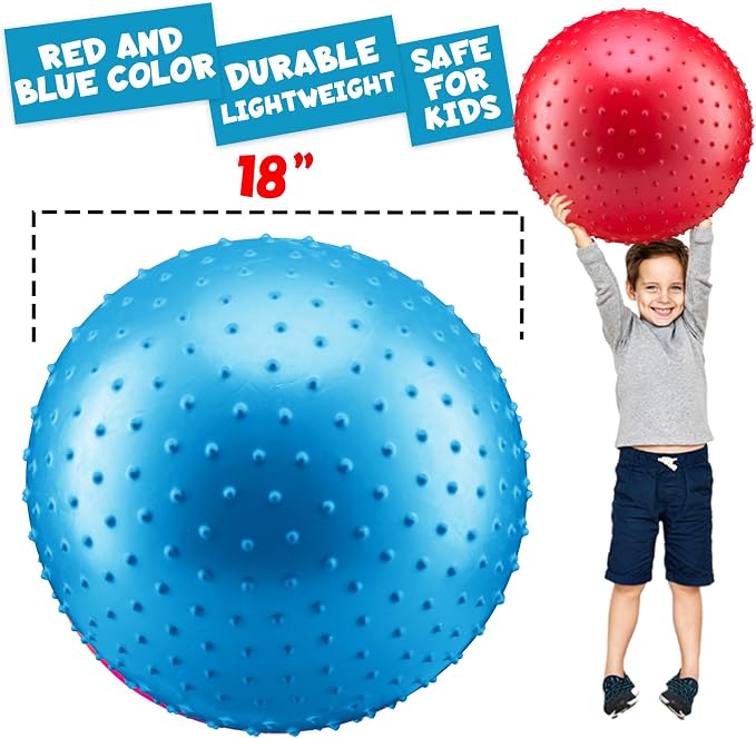 PlayBolt Jumbo 18-Inch Knobby Sensory Balls w/Pump (Pack of 2) - Large Size Inflatable Bumpy Grip Bouncy Balls for Toddlers, Kids, Therapy, Daycare, School Recess, Indoor & Outdoor Play Toy