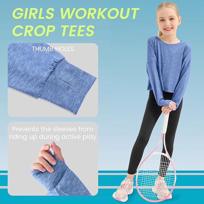 Gogokids Girls Shirts Long Sleeve Athletic Shirts Open Back Tops Active Sports Tshirts Yoga Workout Crop Tees 5-14 Years