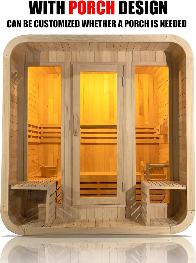 Customize 2-8 Outdoor Barrel Sauna Room,HARVIA 6KW Electric Stove or Wood Burning Stove Japanese Cedar Sauna Kit (Cube Sauna)