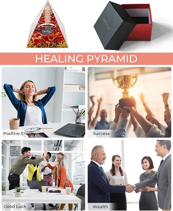 Hand of Fatima - Orgone Pyramid with Healing Crystals - Energy Generator for Positive Vibe, Stress Relief & Chakra Reiki Meditation - Pyramid Decor - Spiritual Gift for Success, Wealth & Prosperity