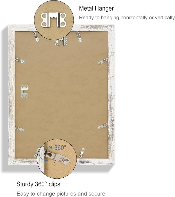Hongkee 11x15 Picture Frame Set of 4, Made of Real Glass and Distressed White Frame - Display Picture 10x14 with Mat or 11x15 Without Mat, 11 by 15 Photo for Wall Mounting