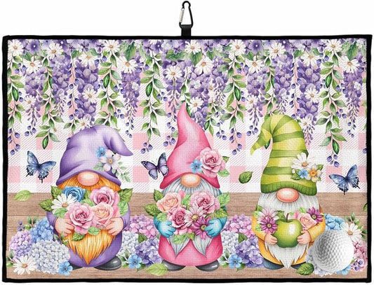 Blue Purple Gnomes Golf Towel with Clip, Spring Hydrangea Flower Leaf Pink Plaid Large Microfiber Women Men Sports Work Out Disc Golf Bag Towel for Yoga, Gym, Fitness, Swimming Towels Accessory