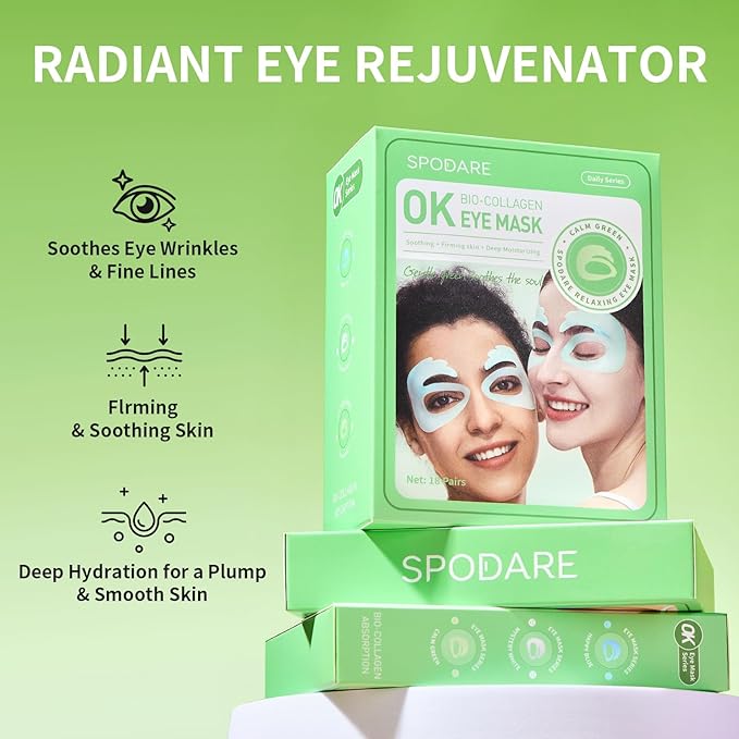 SPODARE OK Shape Eye Masks, 360° Fit Under Eye Patches with Collagen and Lavender Flower Extract, Firming Eye Masks for Puffy Eyes, Wrinkles, Self Care Gifts for Women - 6 Pairs, Calm Green
