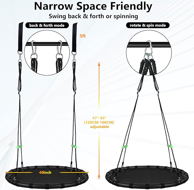 Tree Swing with PP Mat - Durable, Safe, and Easy to Install,Black Outdoor Saucer Swing,Flying Saucer Circle Swing for Yard Garden Playground Park (40 inches Diameter+Extra Straps)