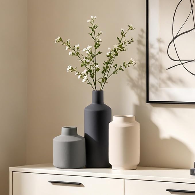 Ceramic Vase Set of 3, Modern Decorative Vases for Home Decor, Small Flower Pottery Vase Sets, Boho Farmhouse Rustic Vases for Living Room, Kitchen, Bedroom, Bathroom, Shelf, Table