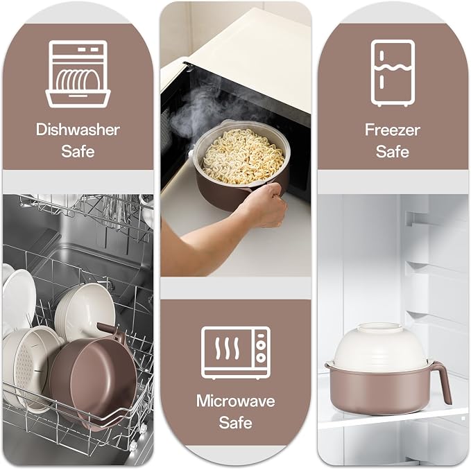 MEACOLIA Large Ramen Bowl Set, Microwave Noodle Pasta Cooker with Lid and Strainer, Stainless Steel Travel Utensils, College Dorm Room Essentials for Girls Guys (Beige)