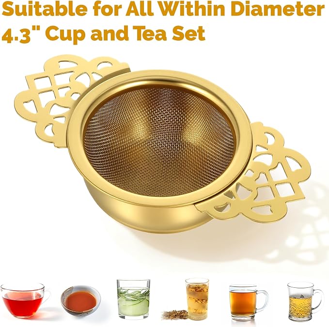 8 Pack Tea Strainer Bowl, 304 Stainless Steel Tea Drain Strainer TeaFilter Mesh TeaDrip Bowls Teapot Strainers With Petal Handles TeaDivider for 2.5-4 Inch Cup Mouth, Gold