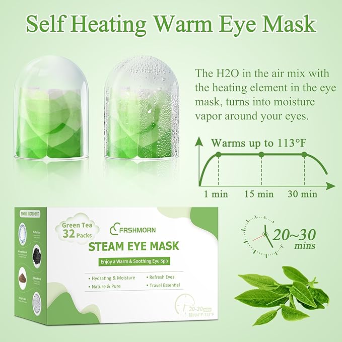 32Packs Steam Eye Mask, Heated Eye Mask for Sleeping, Warm Compress for Eyes, Self Heating Disposal Steam Mask for Home Sleep, Office, Spa, Travel Essentials Mothers Day Gifts (Green Tea)