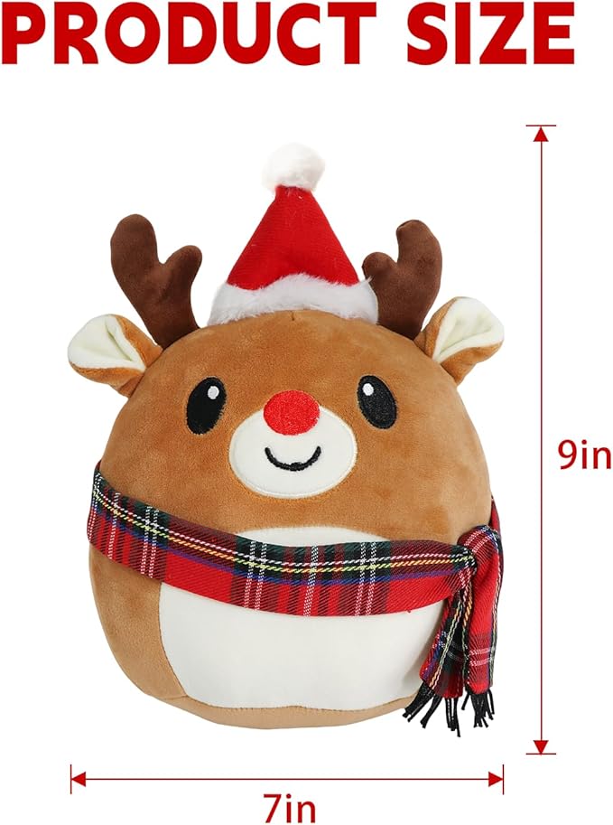 Stuffed Animal with Christmas Hat, The Red Nosed Reindeer Plush, Cute Plushies for Kids Christmas Decorations and Gifts (Reindeer)