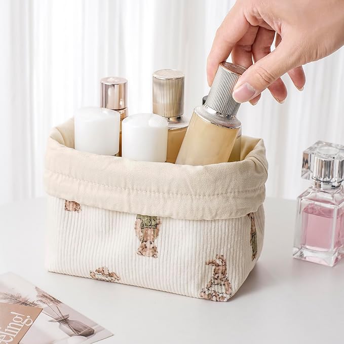 RSRSLEII Aesthetic Corduroy Drawstring Makeup Bag, Cute Coquette Drawstring Cosmetic Bag with Canvas Lining, Bear Pattern Travel Makeup Organizer Case for Women Girls (02Beige Bear)