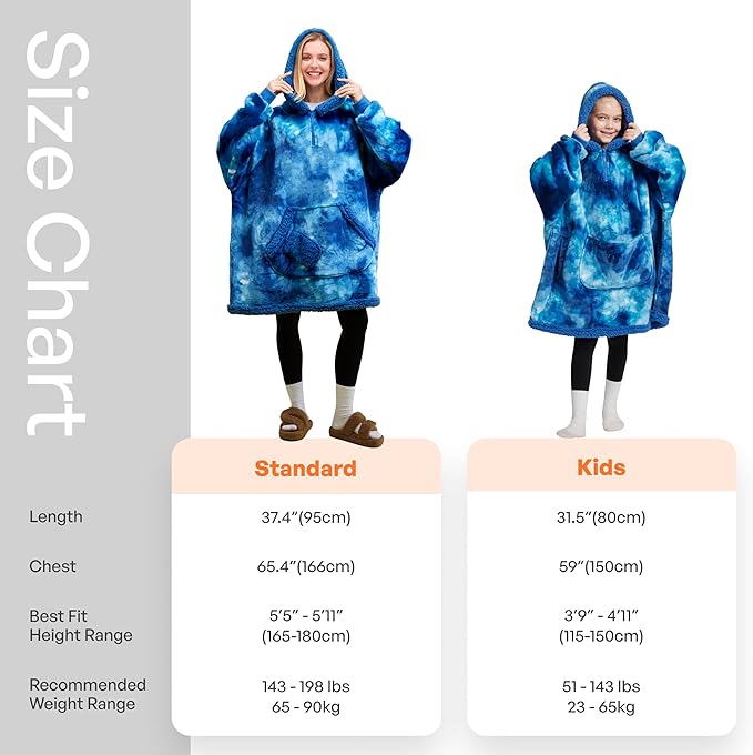 Giggling Getup Wearable Blanket Hoodie for Girls and Boys Warm Cozy Sherpa Fleece Hooded Blanket Sweatshirt Oversized Hoodie with Giant Pocket & Sleeves for Kids Dark Blue Tie Dye