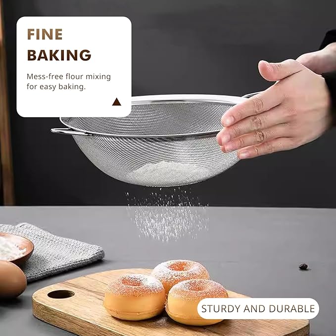 NileHome 3 Piece Mesh Strainers, Stainless Steel Strainer for Sifting, Straining, Cooking Kitchen Strainers Fine Mesh for Flour, Pasta, Loose Tea, Fruit, and Rice, Silver