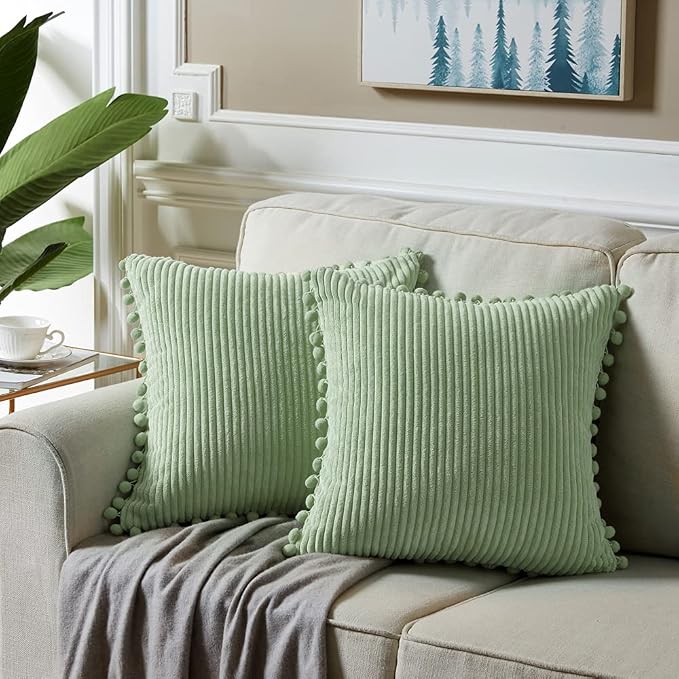 Fancy Homi Set of 2 Sage Green Decorative Throw Pillow Covers 12x12 Inch with Pom-poms for Couch Bed Sofa, Modern Farmhouse Boho Home Decor, Soft Plush Corduroy Cute Cushion Case 30x30 cm