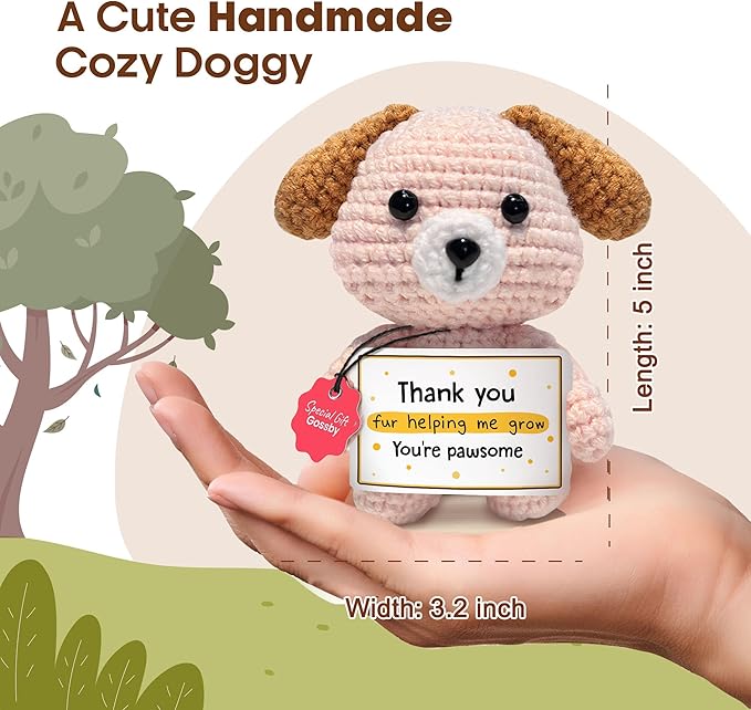 Gossby Gift for Teacher - Handmade Positive Dog Crochet with Message - Thank You for Helping ME Grow - Appreciation, Thank You, Christmas, End of Year Gift from Student - Knitted Decor