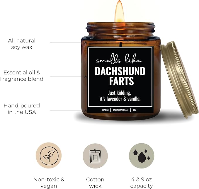 You Nique Designs, Dachshund Candle, 9 Oz, Dachshund Gifts for Women, Weiner Dog Gifts, Daschund, Wiener Dog, Daushaund, Dashound, All Natural Soy Vegan Aromatherapy Candles (Lavender & Vanilla A)