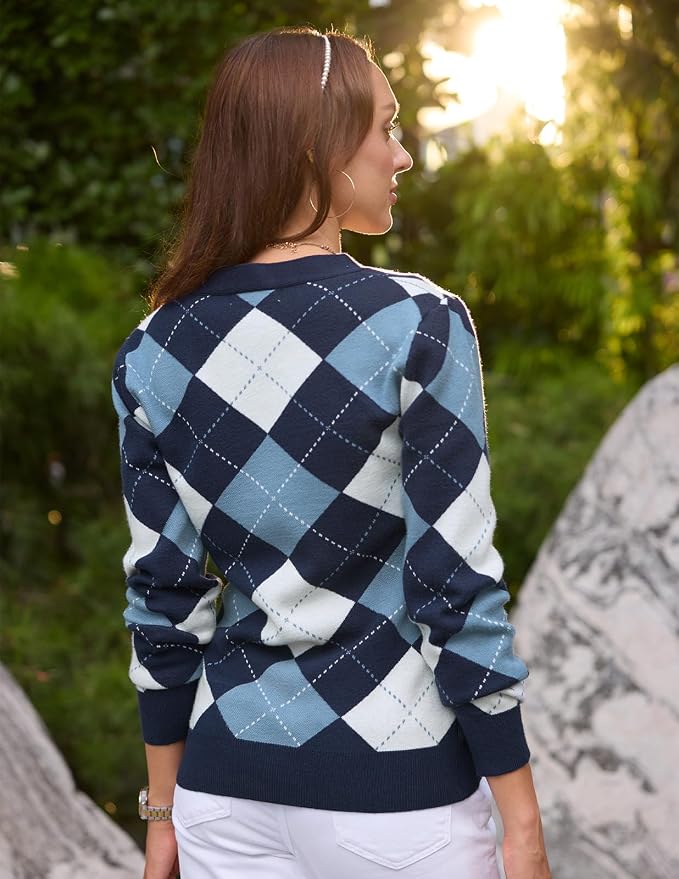 GRACE KARIN Womens Cardigan Sweater Fall Fashion Argyle Sweater Button Up Cardigan Teacher Outfits Preppy Clothes