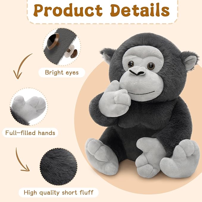 3Pcs Bulk Gorilla Plush, Cute Soft Gorilla Stuffed Animal Set for Kids,11.4" Mini Stuffed Zoo Animal Toy for Birthday, JungleTheme Party Baby Shower Decor(Black,Rufous,Gray)