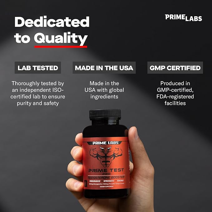 Prime Labs Prime Test Pro - Testosterone Supplement for Men - Test, Vitality, & Energy Booster - with Ashwagandha, PrimaVie Shilajit Extract, & DIM - 120 Capsules