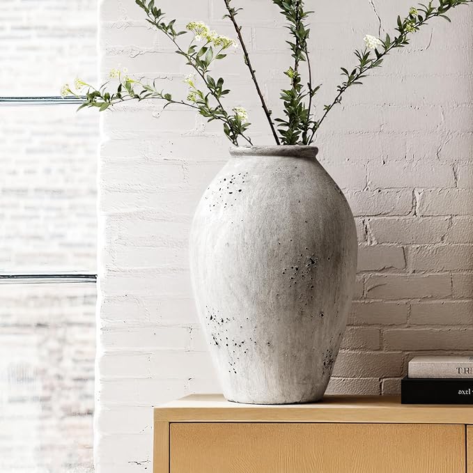 LE TAUCI Ceramic Flower Vase, 13.2 Inch Large Wabi-Sabi Vase, Tall Floor Vase for Home Decor, Living Room Table & Mantel Centerpiece, Watertight & Sturdy, Weathered Stone Greige