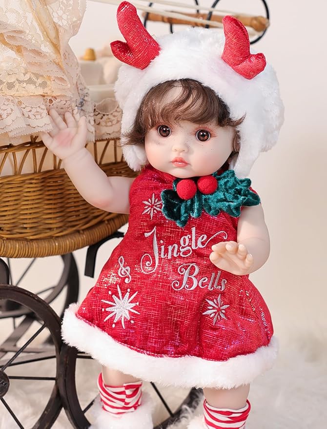 Baby Dolls, 18 Inch Realistic Reborn Full Vinyl Baby Doll with Brown Curly Hair, Hand-Painted Freckles & Cozy Red Outfit for Girls Ages 3+, Pretend Play, Display & Collection