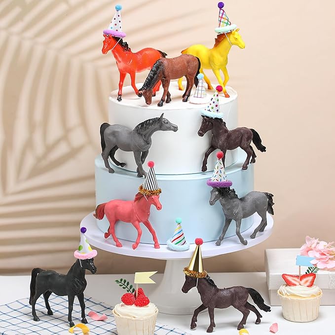 18 Pcs Horse Birthday Party Decorations Mini Birthday Hat Animal Figure Model Cake Toppers with Mini Hat for Birthday Party, Animals Themed Party