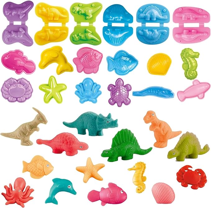 Unleash Creativity with 18 Unique Dino and 0cean Molds Dough Toys Dough Accessories Set Whit 10 .Ideal as a Gift for Kids Aged 3-4-8 Years
