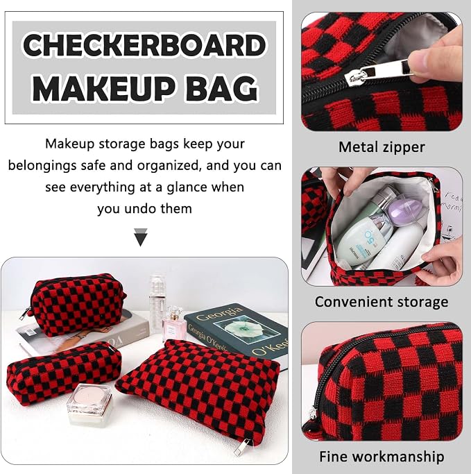 3 Pcs Makeup Bag Cosmetic Bag Set for Girls Women Checkered Travel Organizer Bathroom Toiletry Pouch Large Capacity Storage Bag(Red-Black)