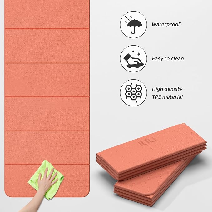 ILILI Foldable Yoga Mat 71 * 24 * 0.3'' - TPE Non-Slip Fitness Mat for Home，Waterproof & Lightweight (2lb) for Home Gym, Pilates & Stretching,Fitness Workouts