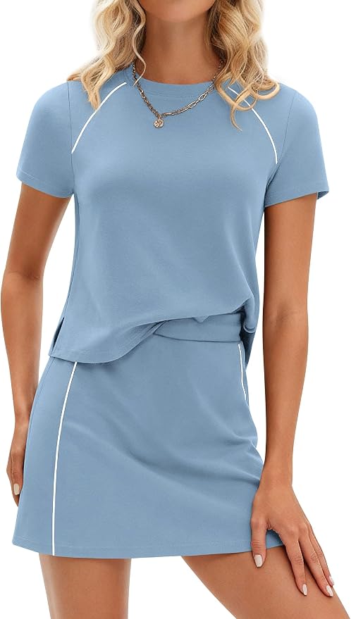 PRETTYGARDEN Women's 2 Piece Skirt Sets Matching Clothing | Short Sleeve Shirts,Color Block Tops,Mini Skirts with Shorts Pockets,Skort Set,Workout Active Wear,Tennis Golf,Summer Outfits