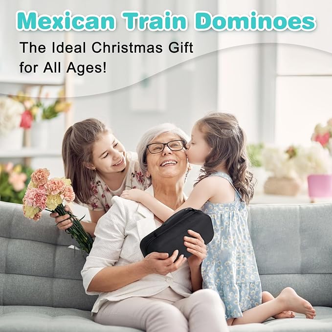 Mexican Train Dominoes Set with 4 Wooden Racks, Double 12 Dominos Game with 91 Dot Tiles, 9 Trains, Hub, Classic Family Board Game for Adults Kids, Travel,Party
