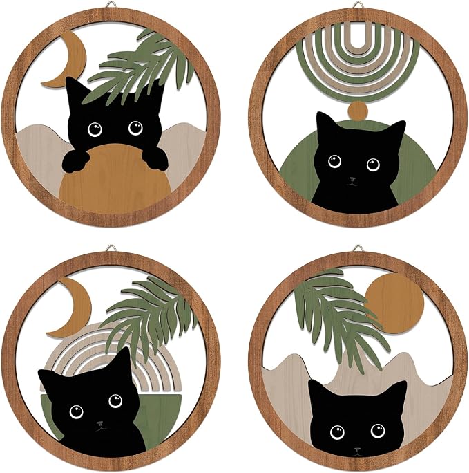 HPNIUB Abstract Mid Century Boho Black Cat Wall Decor-4 Pieces 10''x10'' | Farmhouse Geometric Hanging Wooden Wall Art,Bohemian Moon and Sun Wood Sign for Nursery Bedroom Decoration, Lovely Cat Gifts